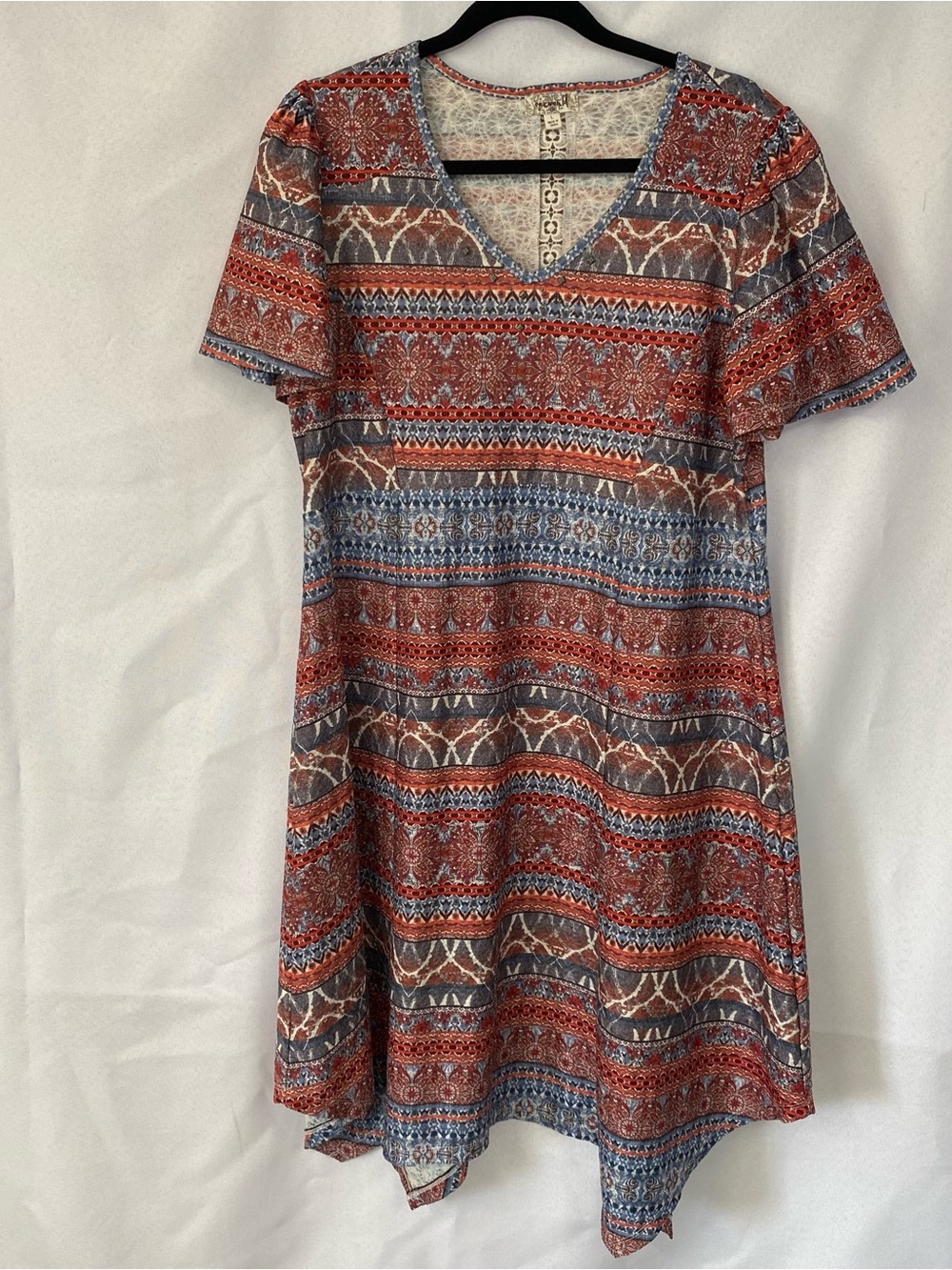 One World Boho V-Neck Short Sleeve Dress in Rust and Blue